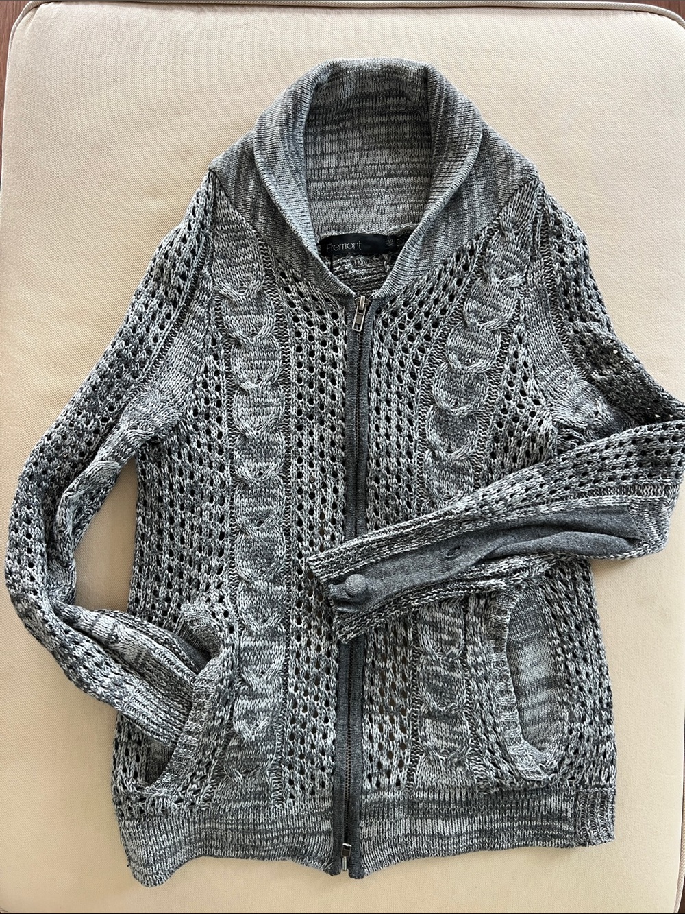 Gray Cable-Knit Zip Cardigan Sweater